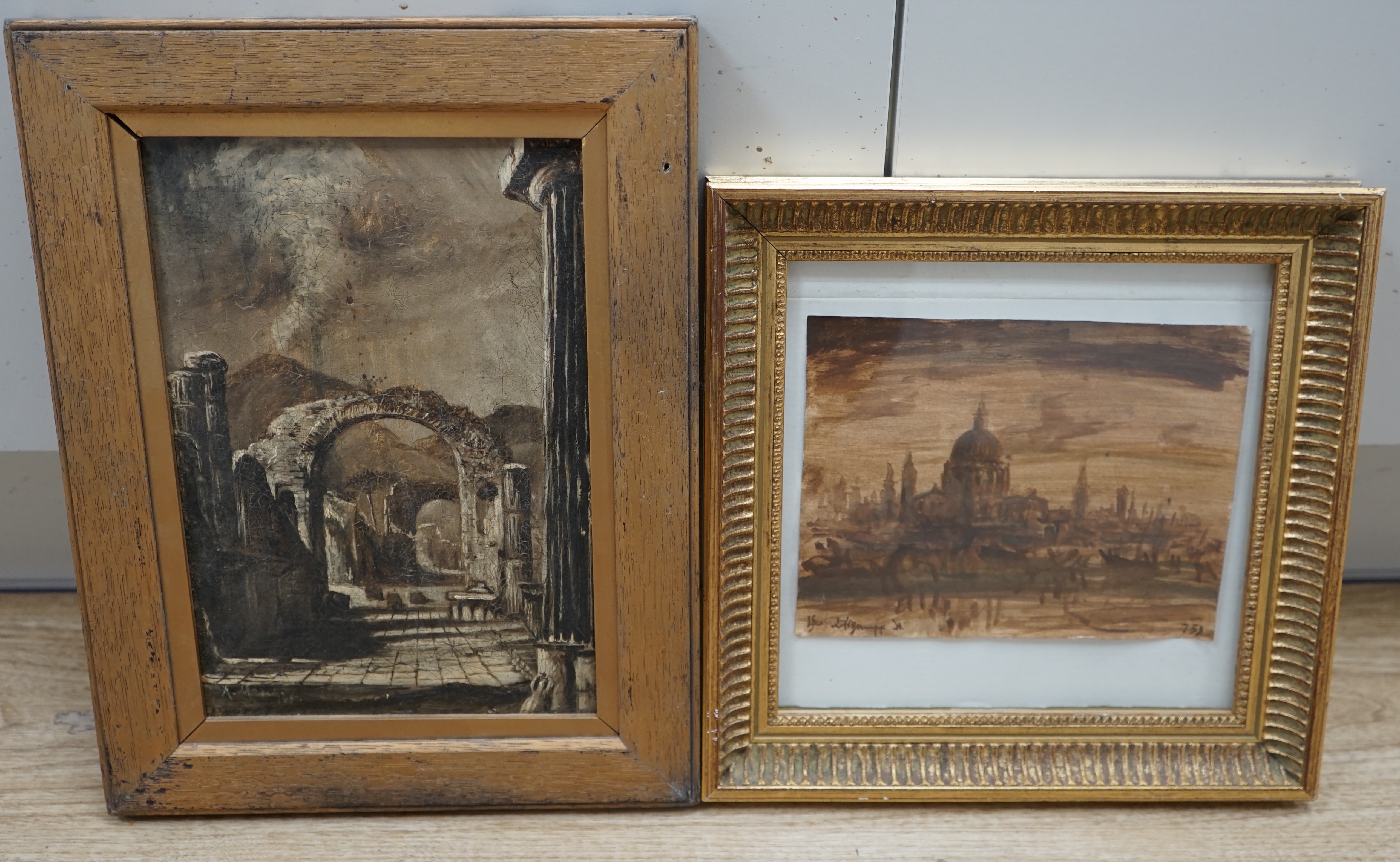 Early 20th century, oil on canvas, 'Ruins before Mount Vesuvius', indistinctly signed and dated A Moyoe?, 1900, together with a sepia watercolour, largest 28 x 19cm. Condition - fair